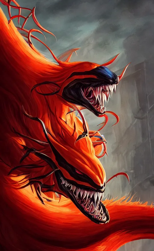 Image similar to venom as the nine tailed fox, kurama, dynamic lighting, photorealistic dark fantasy concept art, trending on art station, stunning visuals, creative, cinematic, ultra detailed