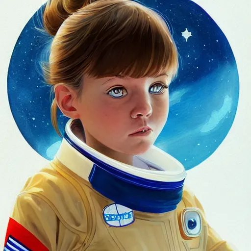 Prompt: a painting of a little girl with short wavy curly light brown hair and blue eyes, floating in space. she is an astronaut, wearing a space suit. beautiful detailed face line art by ilya kuvshinov