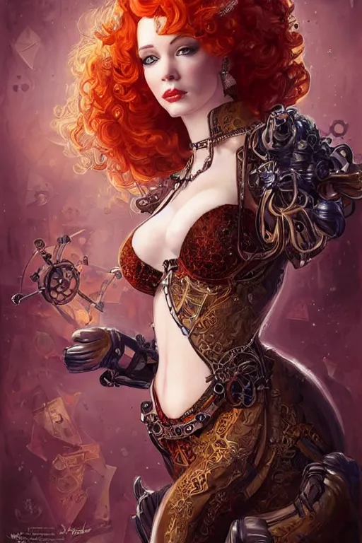 Image similar to three-quarters standing pose Christina Hendricks as a sensual Lady Mechanika, very beautiful young woman, ginger wavy hair, Victorian-era push-up underwire. Intricate, steampunk imagery themed, D&D!, fantasy style, sharp focus!, ultra detailed, art by Artgerm and Peter Andrew Jones, WLUP