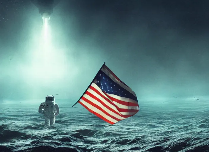 Image similar to astronaut holding a flag in an underwater desert. a submarine is visible in the distance. dark, concept art, cinematic, dramatic, atmospheric, 8 k, trending on artstation, blue, fish, low visibility, fog, ocean floor, christopher nolan, interstellar