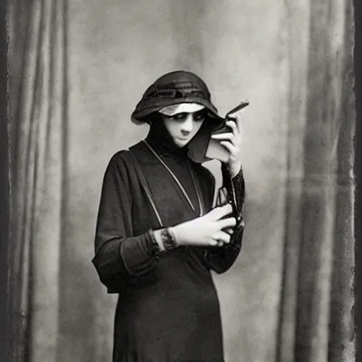 Prompt: women the 1 9 2 0's holding iphone