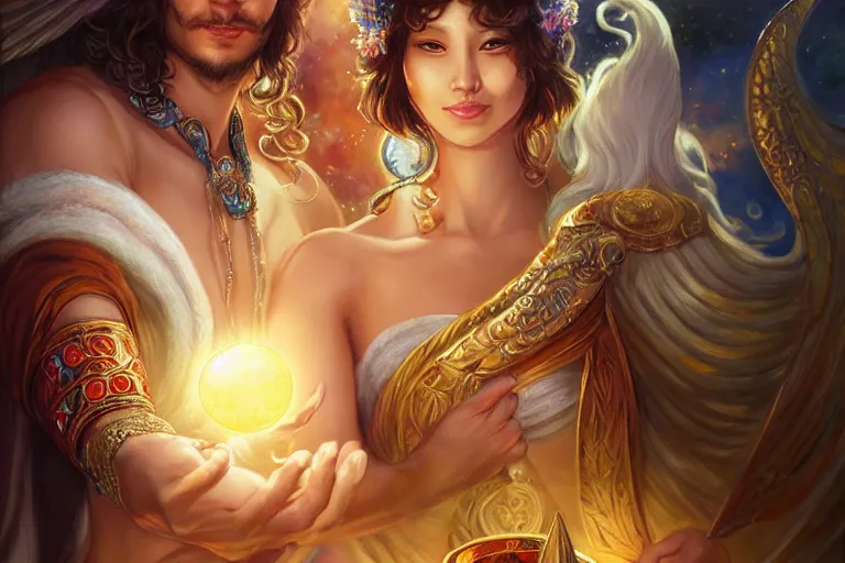 Image similar to close up moment of a divine a sun god and a moon goddess lovers magician at a wedding banquet, highly detailed, d & d, fantasy, highly detailed, digital painting, trending on artstation, concept art, sharp focus, asian feature, illustration, art by artgerm and daniel gerhartz and magali villeneuve