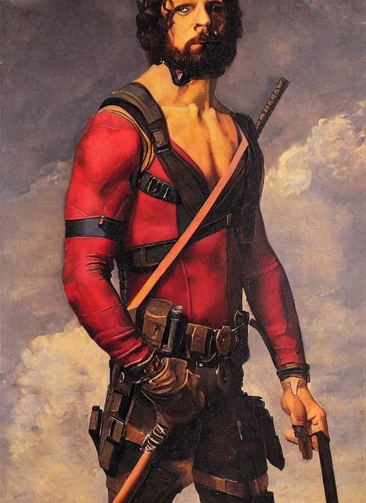 Image similar to oil painting of renaissance deadpool created by gustave courbet and michaelangelo, fantasy, portrait, highly detailed, large brush strokes