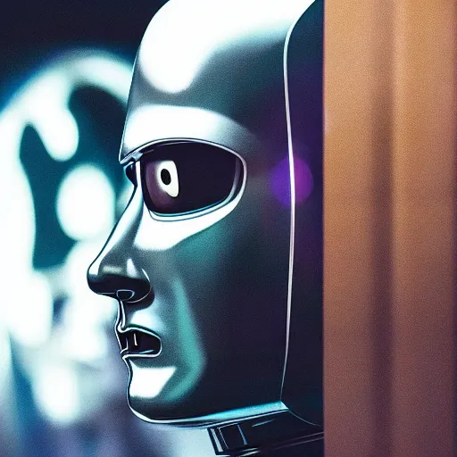 Prompt: a robot with the face of walt disney, cyberpunk photo, award winning portrait, uncanny valley, dynamic lighting, detailed face, sharp focus, cinestill 8 0 0 t, sci fi book cover, retro futurism