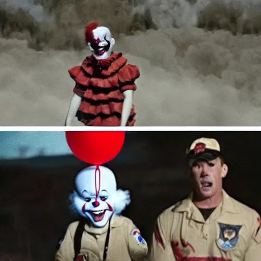 Image similar to Pennywise the Clown from It (2017) as a background cameo in Top Gun Maverick (2022)