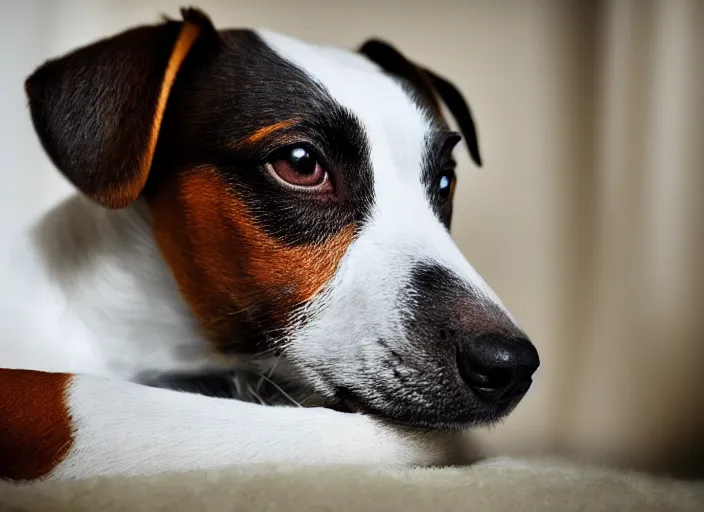 Image similar to photography of a Jack Russel . watching outside the window. on a bed. in a vintage room.,volumetric light, photorealistic,, award winning photo, 100mm, sharp, high res