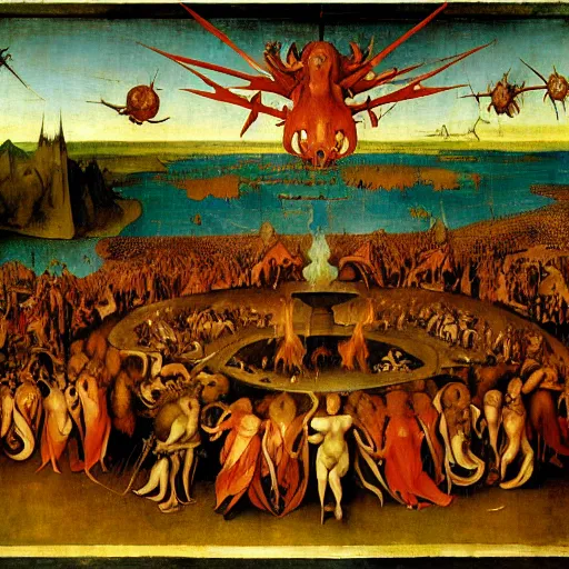 Image similar to vision of hell with winged demons flying over the flames art by : hieronymus bosch, albrecht durer hans memling leonardo da vinci francisco goya pieter bruegel the elder jan van eyck