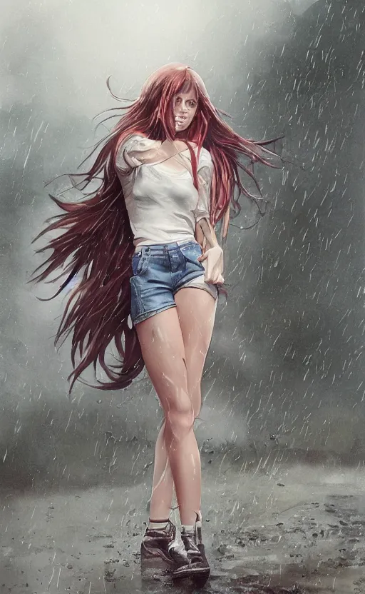 Prompt: Full body, attractive grungy woman with magic hair, soft eyes and narrow chin, fit dainty figure, long hair straight down, torn overalls, short shorts, fishnet stockings, combat boots, basic white background, side boob, in the rain, wet shirt, luscious, style by Jordan Grimmer and greg rutkowski, crisp lines and color,