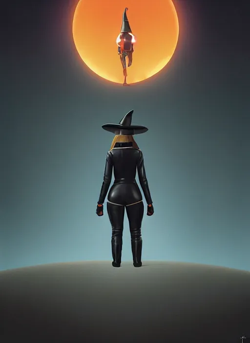 Image similar to perfectly centred realistic picture of a character dressed in leather tight suit and witch hat, dark, poster, ralph mcquarrie, simon stalenhag