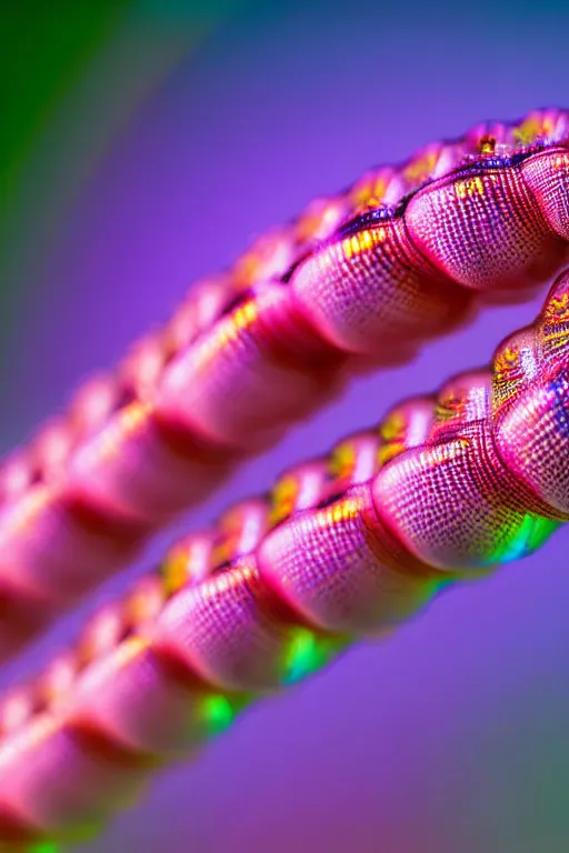 Image similar to high quality macro photo iridescent mutant caterpillar! cute highly detailed david ligare elson peter cinematic pink lighting high quality low angle hd 8k sharp shallow depth of field