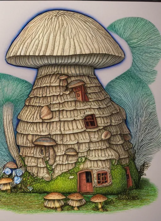 Image similar to a hybrid between a mushroom and a house,, insanely detailed, studio light, 3 d rendering, colored pencil