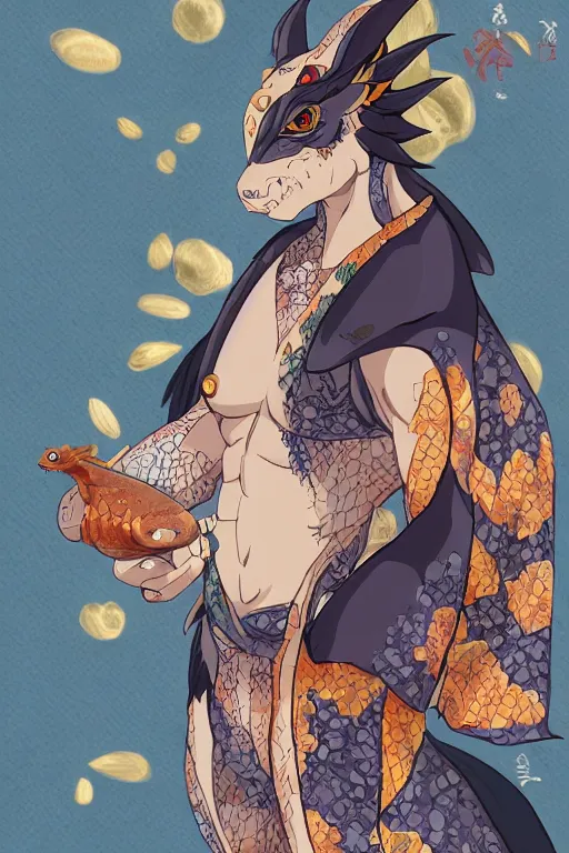 muscular dragon wearing a kimono with a goldfish, Stable Diffusion