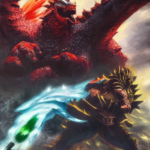 Image similar to ganondorf fighting Godzilla, oil painting, 4k, trending on artstation