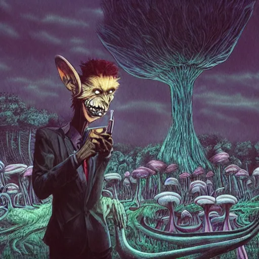 Image similar to 4 k headshot portrait of a psychedelic demonic anthropomorphic wendigo smoking a hand - rolled cigarette smoking heavily, magic mushroom village in background. award winning. superb resolution. in the art style of junji ito and greg rutkowski. detailed mushroom city in background. hyper realistic anime. perfect art. dalle 2