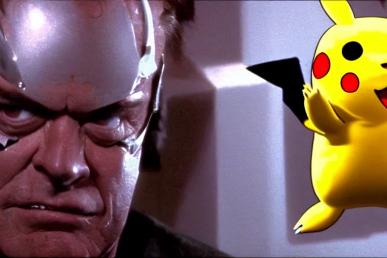 Image similar to Jack Nicholson plays Pikachu Terminator, scene where his endoskeleton gets exposed, still from the film