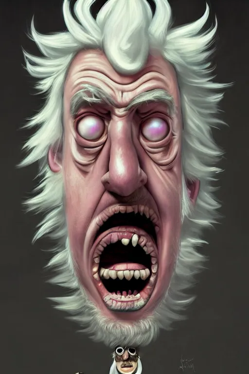 Image similar to Boris Johnson as crazy genius Rick Sanchez from Rick and Morty, unibrow, white robe, big eyes, realistic portrait, symmetrical, highly detailed, digital painting, artstation, concept art, smooth, sharp focus, illustration, cinematic lighting, art by artgerm and greg rutkowski and alphonse mucha