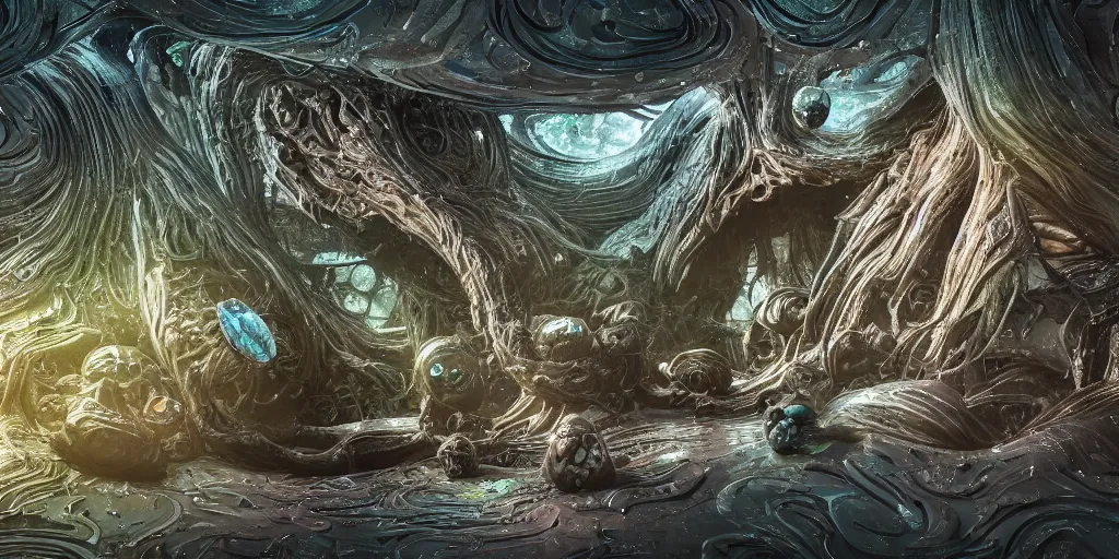 Image similar to of an intricate muddy water with strange cute friendly happy creatures with huge eyes, long tongue, round teeth and goofy funny face, appearing from the background, in the style of gehry and gaudi, macro lens, shallow depth of field, ultra detailed, digital painting, trending artstation, concept art, illustration, cinematic lighting, photorealism, epic, octane render