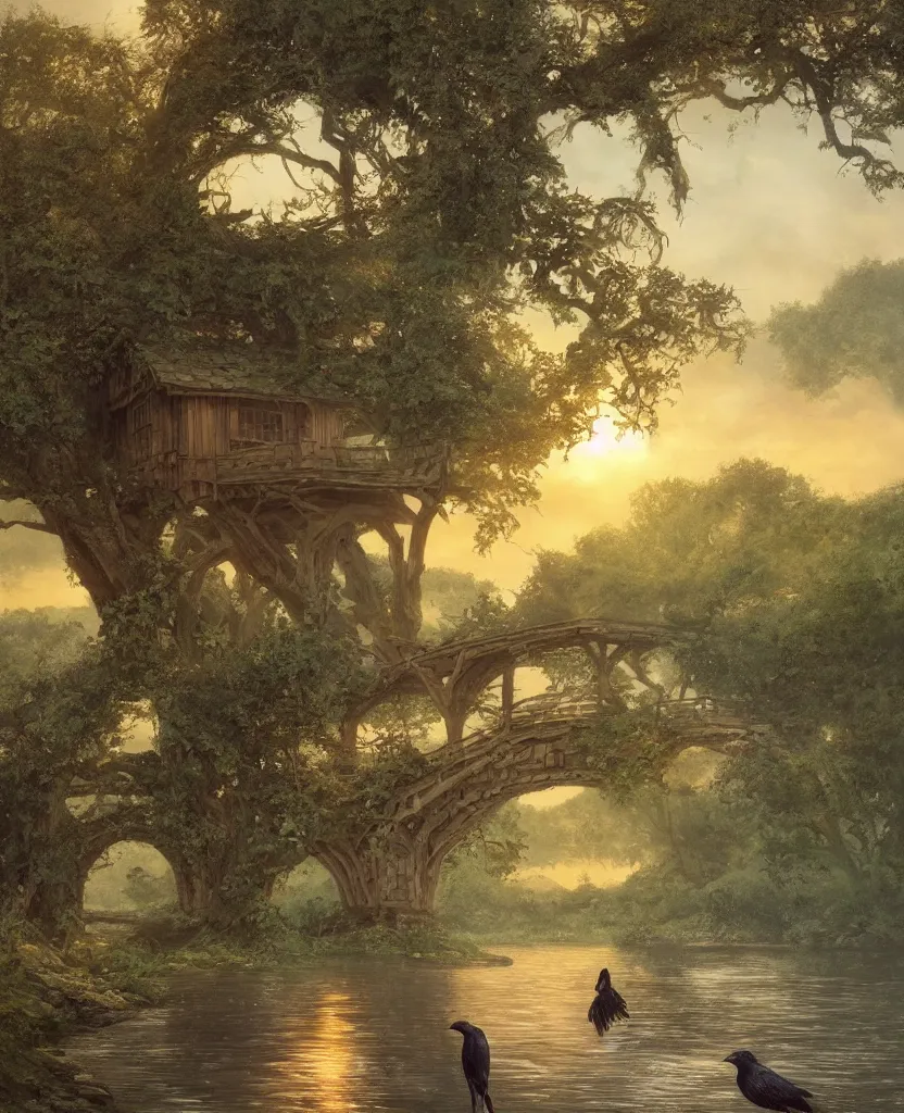 Image similar to small wooden cottage by the river, a tree with vines wrapped around it, two crows on the tree, tranquility, arch stone bridge over the river, an old man riding a horse on the bridge, sunset, by charlie bowater, by greg rutkowski