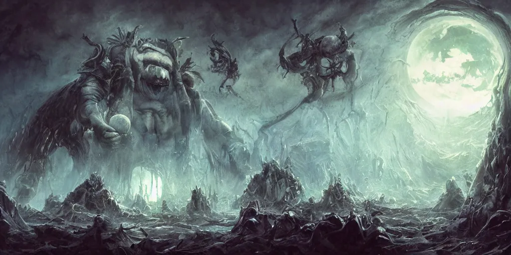 Prompt: concept art of giant ogres, renaissance, divers helmet, lots of teeth, melting horror, round moon, rich clouds, fighting the horrors of the unknown, mirrors, very detailed, volumetric light, mist, grim, fine art, decaying, textured oil over canvas, epic fantasy art, very colorful, ornate, anato finnstark