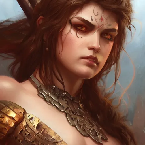 Prompt: Female barbarian closeup, D&D, fantasy, intricate, elegant, highly detailed, digital painting, trending on artstation, concept art, illustration, art by Artgerm and Greg Rutkowski and Alphonse Mucha