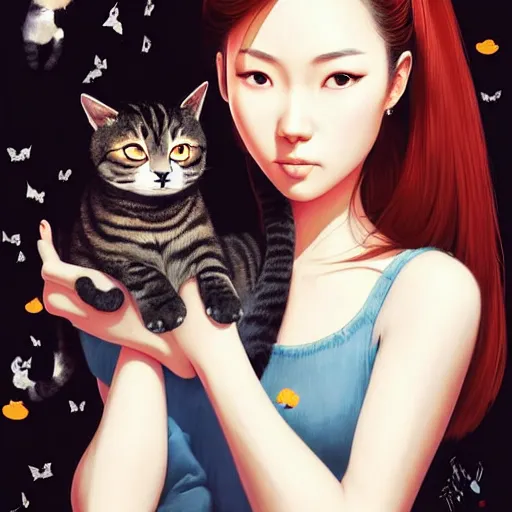 Prompt: bemused to be in surrounded by cats portrait of a vietnamese actress looking straight on, complex artistic color illustration, full detail, soft shadowing, fully immersive reflections and particle effects, concept art by artgerm, by range murata