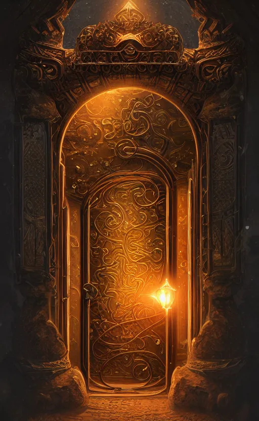 Image similar to a ornamental gate into space a snake emerges from it, ornament, intarsia, portal, doorway, dynamic lighting, ambient lighting, atmospherical, photorealistic fantasy concept art, trending on art station, stunning visuals, creative, cinematic, ultra detailed