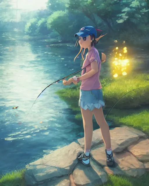 Image similar to a female pokemon trainer fishing for magikarp, full shot, atmospheric lighting, detailed face, by makoto shinkai, stanley artger m lau, wlop, rossdraws, james jean, andrei riabovitchev, marc simonetti, krenz c