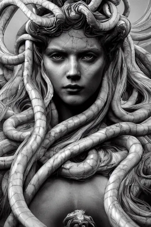 Prompt: A portrait of medusa as a black marble statue with white streaks by Greg Rutkowski, Sung Choi, Mitchell Mohrhauser, Maciej Kuciara, Johnson Ting, Maxim Verehin, Peter Konig, Bloodborne , 8k photorealistic, cinematic lighting, HD, high details, dramatic, atmospheric , trending on artstation