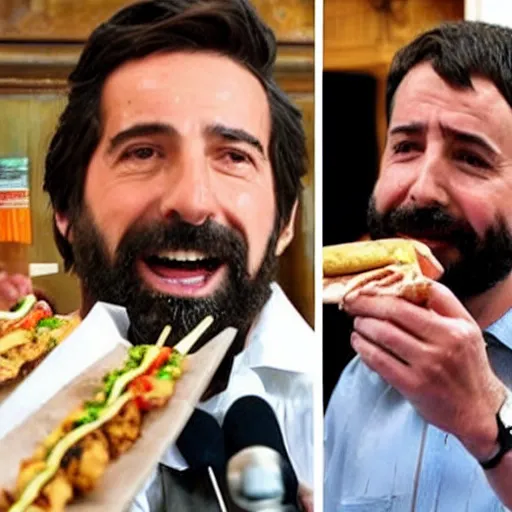 Image similar to pablo iglesiasn on the left, and santiago abascal on the right sharing a kebab in the houses of parliament