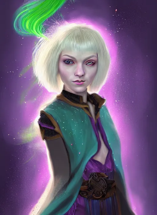 Image similar to Portrait of young female sorcerer, D&D fantasy, her hair is green and styled in a Bob Cut, magic particles fly from her hands, she has a distant expression, and is wearing a shirt and vest. A pixie with blonde hair floats above her shoulder. Intricate, highly detailed, digital painting, artstation, concept art, sharp focus, illustration, art by greg rutkowski and Ross Tran