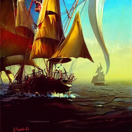 Image similar to A pirate on the high seas that has magical pearlescent shimmering see through sails, painting by Peter Andrew Jones