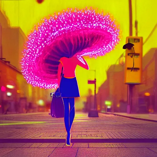 Image similar to giant daisy flower head, woman walking in a modern city, surreal photography, night, neon light, impressionist painting, digital painting, artstation, simon stalenhag