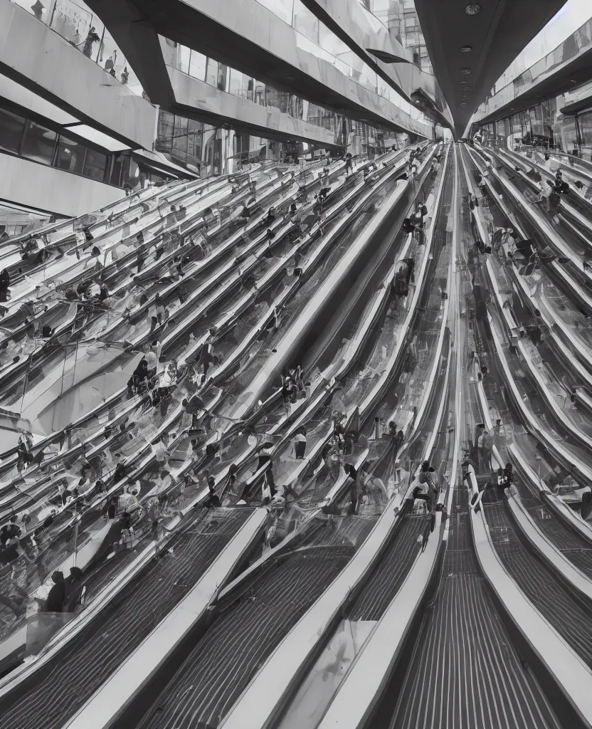 Image similar to rows of escalators leading endlessly into the sky, sunny day, clouds, cinematic, masterpiece