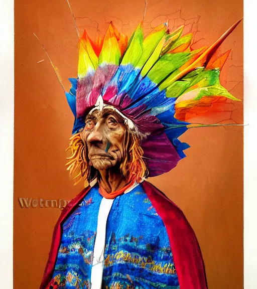 Image similar to Portrait painting in a style of Hieronim Bosch of an old shaman dressed in a colorful traditional clothes.