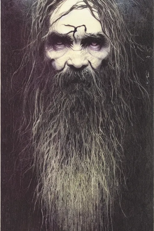 Image similar to magic the gathering card depicting charles manson, by zdzislaw beksinski, swamp, black