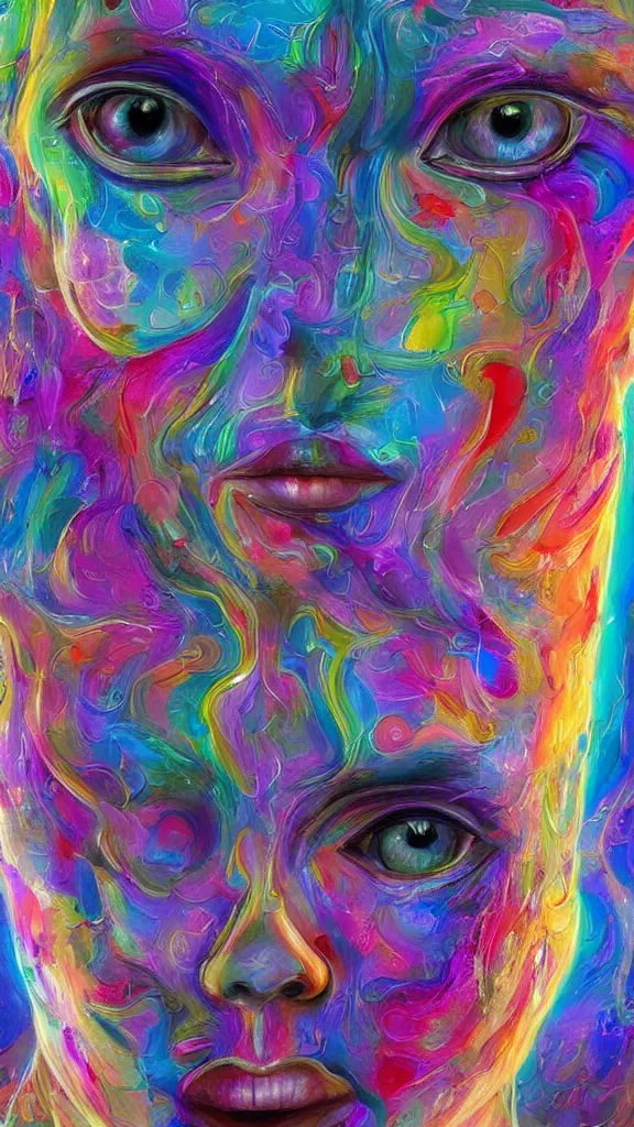 Image similar to hyperrealistic abstract close-up female! portrait Renaissance psychedelic!! celestial happy! pure creature!! perfect!! face! peaceful! kind spirit of nature! beautiful fractal!! eyes! highly detailed concept art eric zener elson peter cinematic hard rainbow lighting high angle hd 8k sharp shallow depth of field endless, inspired by Zdzisław Beksiński Salvador Dali