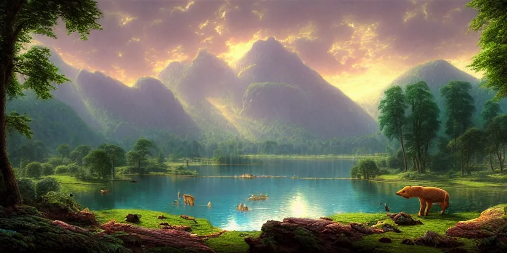 Prompt: A landscape with a lake surrounded by lush colorful vegetation, next to the lake are some mammals!!, in the background is a mountain range, in the foreground some travelling Neanderthals!, volumetric lighting, ray lighting from top of frame, crepuscular ray lighting from above, dynamic lighting, muted colors, by Greg rutkowski, thomas kinkade, Andreas rocha, john howe, pixar, f16, hd, 4k