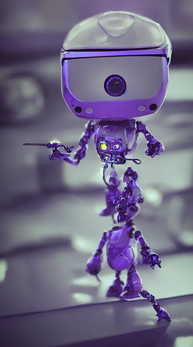 Prompt: portrait of a tiny robot on a desk, professional photo, hdr, bokeh, sci fi, purple