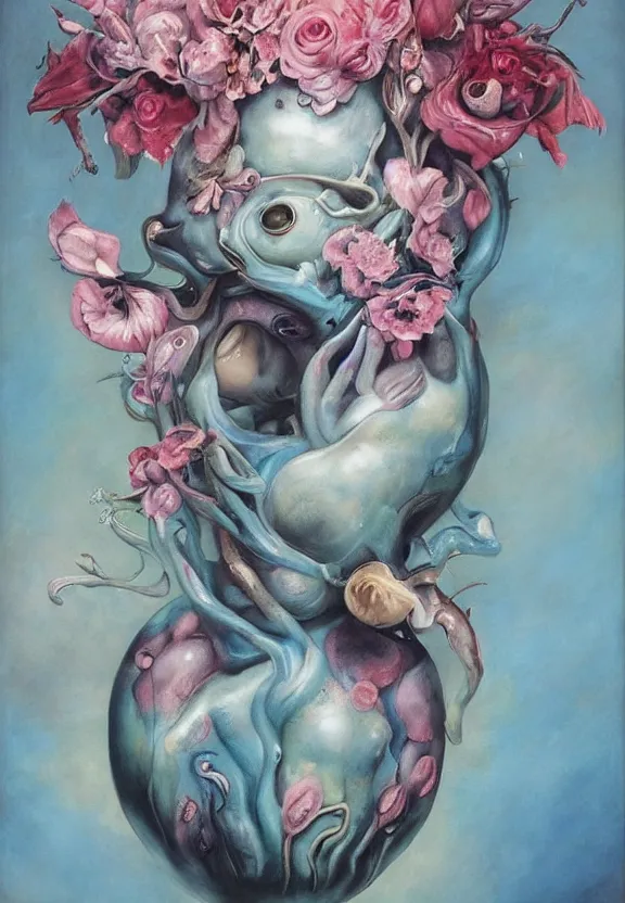 Image similar to a biomorphic painting of a vase with flowers and eyeballs in it, a surrealist painting by marco mazzoni, by dorothea tanning, pastel blues and pinks, lips, melting, plastic, skull, featured on artstation, metaphysical painting, oil on canvas, fluid acrylic pour art, airbrush art, seapunk, rococo, lovecraftian