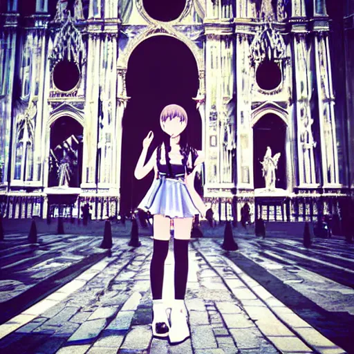 Image similar to “anime girl in front of the duomo cathedral in Milano, pixiv anime”