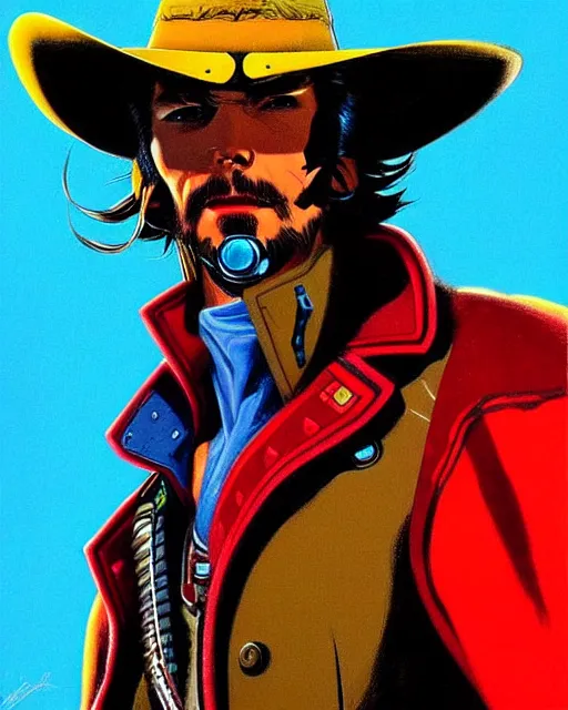 Image similar to mccree from overwatch, cyber cowboy, character portrait, portrait, close up, concept art, intricate details, highly detailed, vintage sci - fi poster, retro future, vintage sci - fi art, in the style of chris foss, rodger dean, moebius, michael whelan, and gustave dore