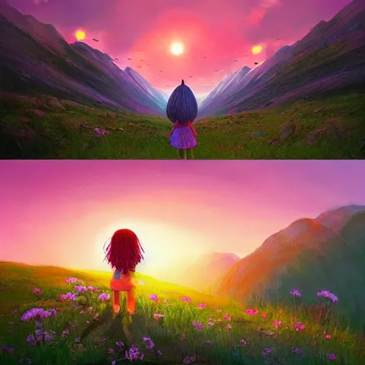 Image similar to giant daisy flower head, girl hiking in the mountains, surreal photography, sunrise, dramatic light, impressionist painting, colorful clouds, digital painting, artstation, simon stalenhag