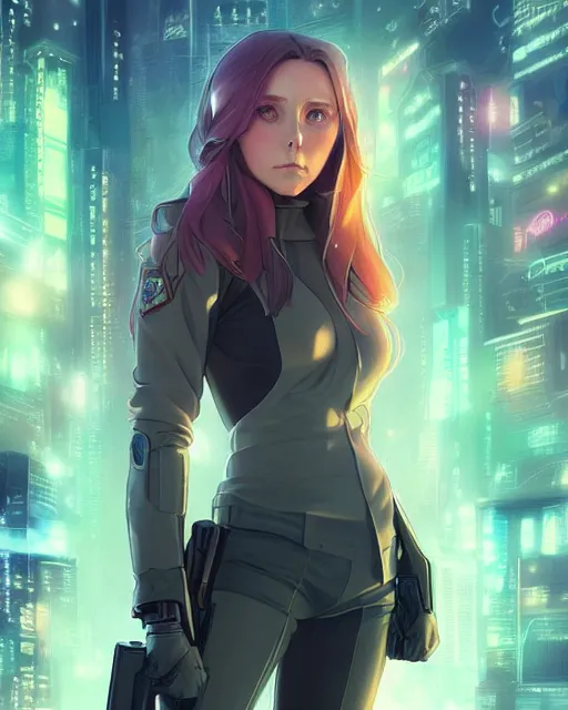 Prompt: anime key visual of elizabeth olsen police officer, neon, cyberpunk, futuristic, stunning, perfect face, highly detailed, digital painting, artstation, smooth, soft focus, illustration, art by artgerm and greg rutkowski and alphonse mucha