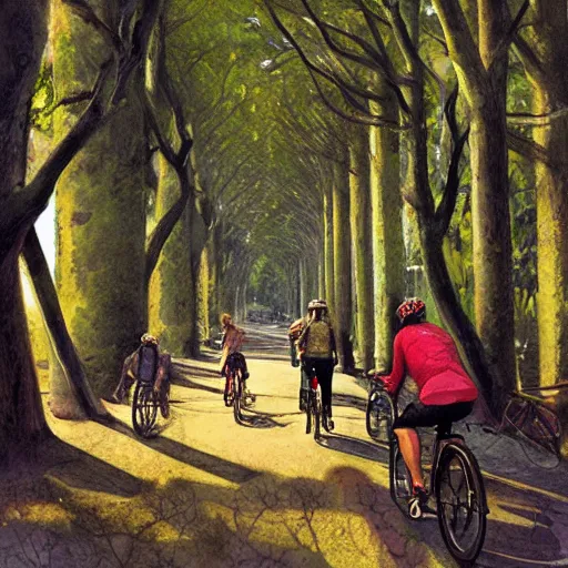 Image similar to friends ride their bikes through a colonnade of trees, by jon foster