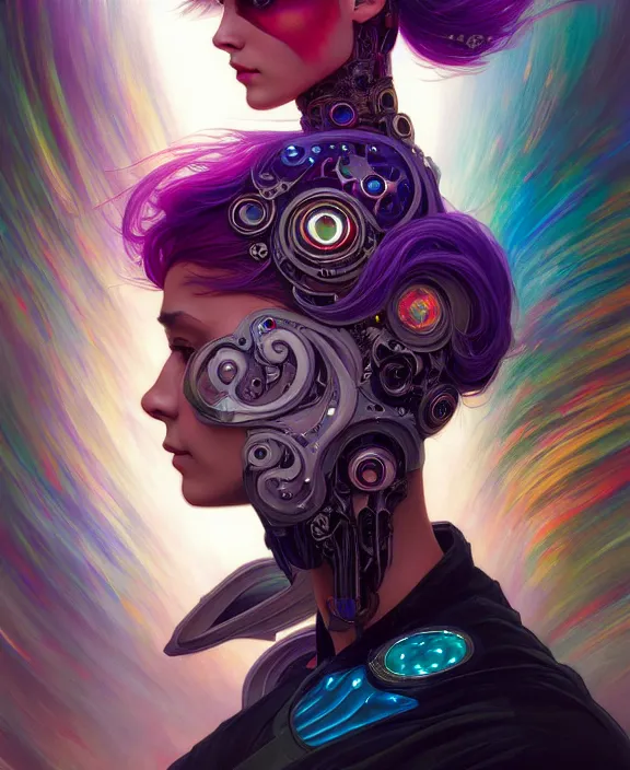 Prompt: a whirlwind of souls rushing inside the metaverse, half body, jewelry, fashionable haircut, android, cyborg, cyberpunk face, by loish, d & d, fantasy, intricate, elegant, highly detailed, colorful, vivid color, digital painting, artstation, concept art, art by artgerm and greg rutkowski and alphonse mucha