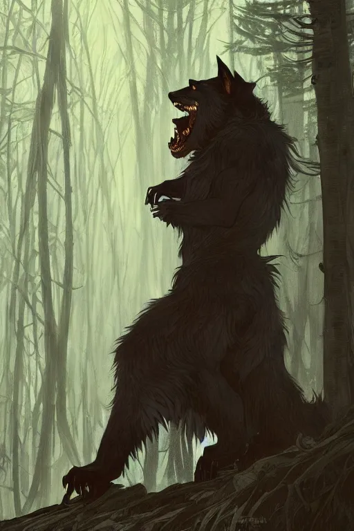 Prompt: fullbody portrait of a male werewolf, bared teeth, long claws, by greg rutkowski and alphonse mucha, gradient brown to silver, in front of a forest at night background, highly detailed, digital painting, artstation, concept art, smooth, sharp focus illustration