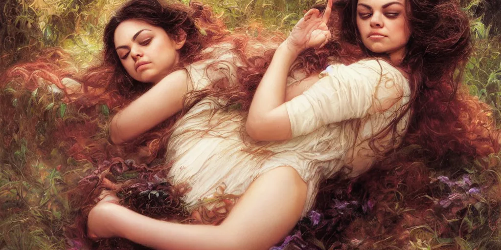 Image similar to Mila Kunis falling asleep, Lilia Alvarado, Sophie Anderson, Mark Arian, Bob Byerley, Charlie Bowater, Mark Brooks, Steve Henderson, Justin Gerard, Arthur Hughes, Edward Robert Hughes, Mark Keathley, Victor Nizovtsev, Carlos Shwabe, Ross Tran, WLOP