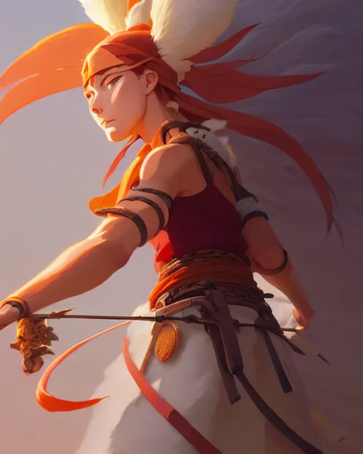 Prompt: azctec warrior, julia fox, detailed perfect face, exquisite details, fire magic, mid view, design on a white background, by studio muti, greg rutkowski makoto shinkai takashi takeuchi studio ghibli