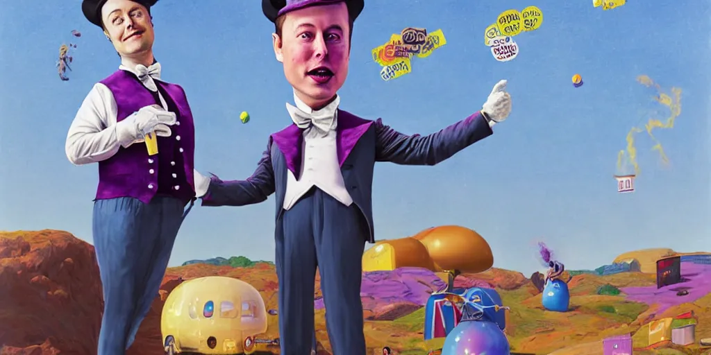 Image similar to Elon Musk as Willy Wonka, created by Scott Listfield