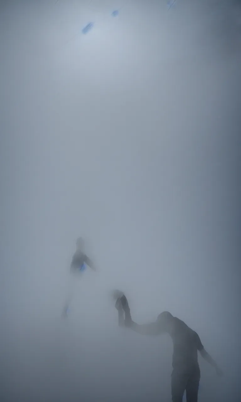 Image similar to POV photo of my diverse arms digging inside an impossible aerogel portal containing a stack of aerogel pads/tablets with handles and grips and node-based visual programming languages, scale model floating in midair in front of me: brilliant daylight emerging from the thick fog, Leica 8K still from an A24 film